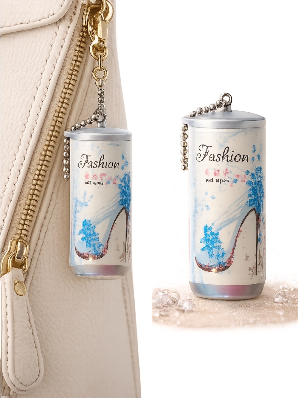 Fashion Wet Wipes Keychain Canister - White with Blue Accent